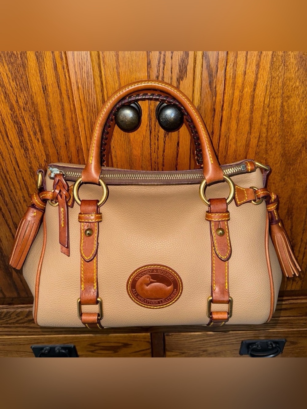 Dooney & Bourke All Weather Leather 3.0 Satchel 30 in Taupe with strap.